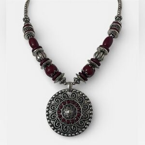 Burgundy & Silver Boho Medallion Statement Necklace